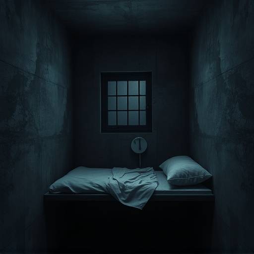 Fotografía de una celda de aislamiento oscura con una cama de concreto, una pequeña ventana tapiada y un ambiente deprimente y claustrofóbico.