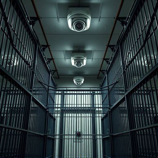 Fotografía de una celda de máxima seguridad, mostrando mültiples capas de seguridad, incluyendo rejas reforzadas y sistemas de vigilancia avanzados.