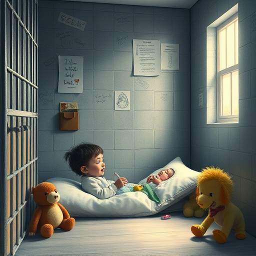 Fotografía de una celda infantil con dibujos y juguetes, diseñada para menores infractores, mostrando un intento de crear un ambiente menos hostil.