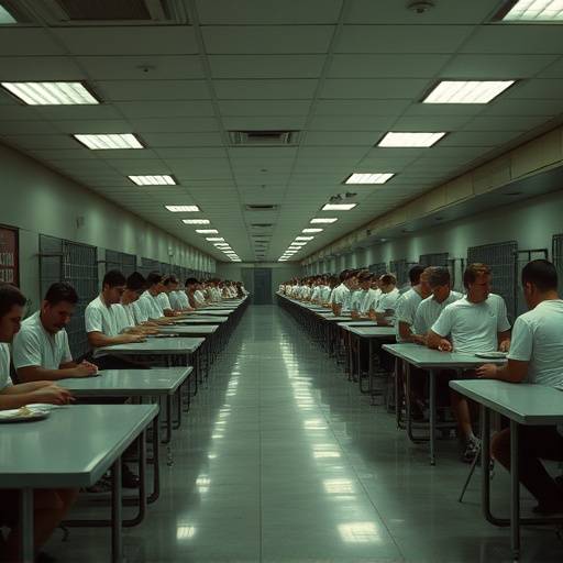 Fotografía del comedor de una prisión con una larga fila de reclusos esperando su turno para recibir la comida, mostrando un ambiente ordenado pero impersonal.