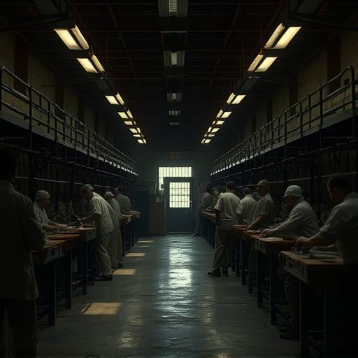 Fotografía del interior de una prisión con el sistema de Auburn, mostrando reclusos trabajando en silencio en un taller comün.