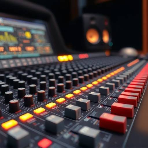 Gros plan sur une table de mixage dans le studio d'enregistrement sonore, avec des boutons, des faders et des indicateurs lumineux.