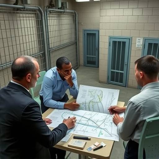 Imagen de un equipo de consultores desarrollando un plan de contingencia para una prisión, utilizando mapas, diagramas y protocolos de seguridad.