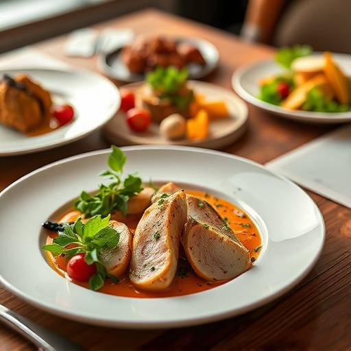 Photographie culinaire, plat gastronomique mis en scène sur une table en bois, éclairage doux et appétissant.