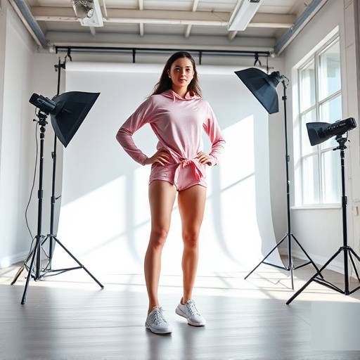Un photographe professionnel prenant une photo d'un mannequin portant des vêtements de sport dans le studio lumière naturelle de Lumina Studios, avec une grande fenêtre en arrière-plan.